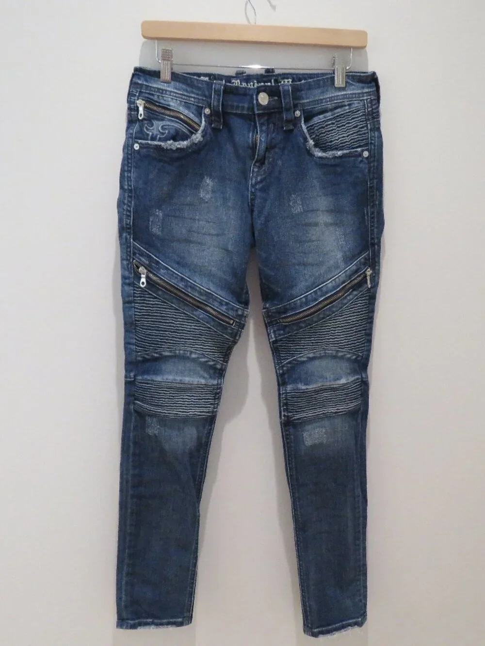 ROCK REVIVAL Daviday Moto Stretch Distressed Jeans Blue Denim Size 29 Western